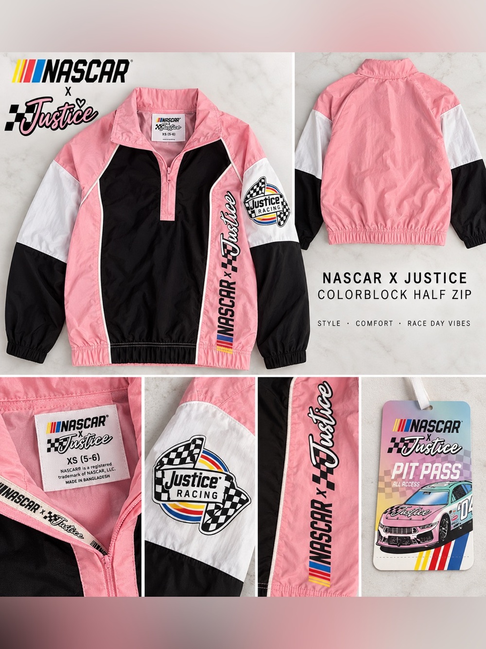 Justice NASCAR Colorblock Half-Zip Pullover in Pink, Black & White NWT SIZE 5/6